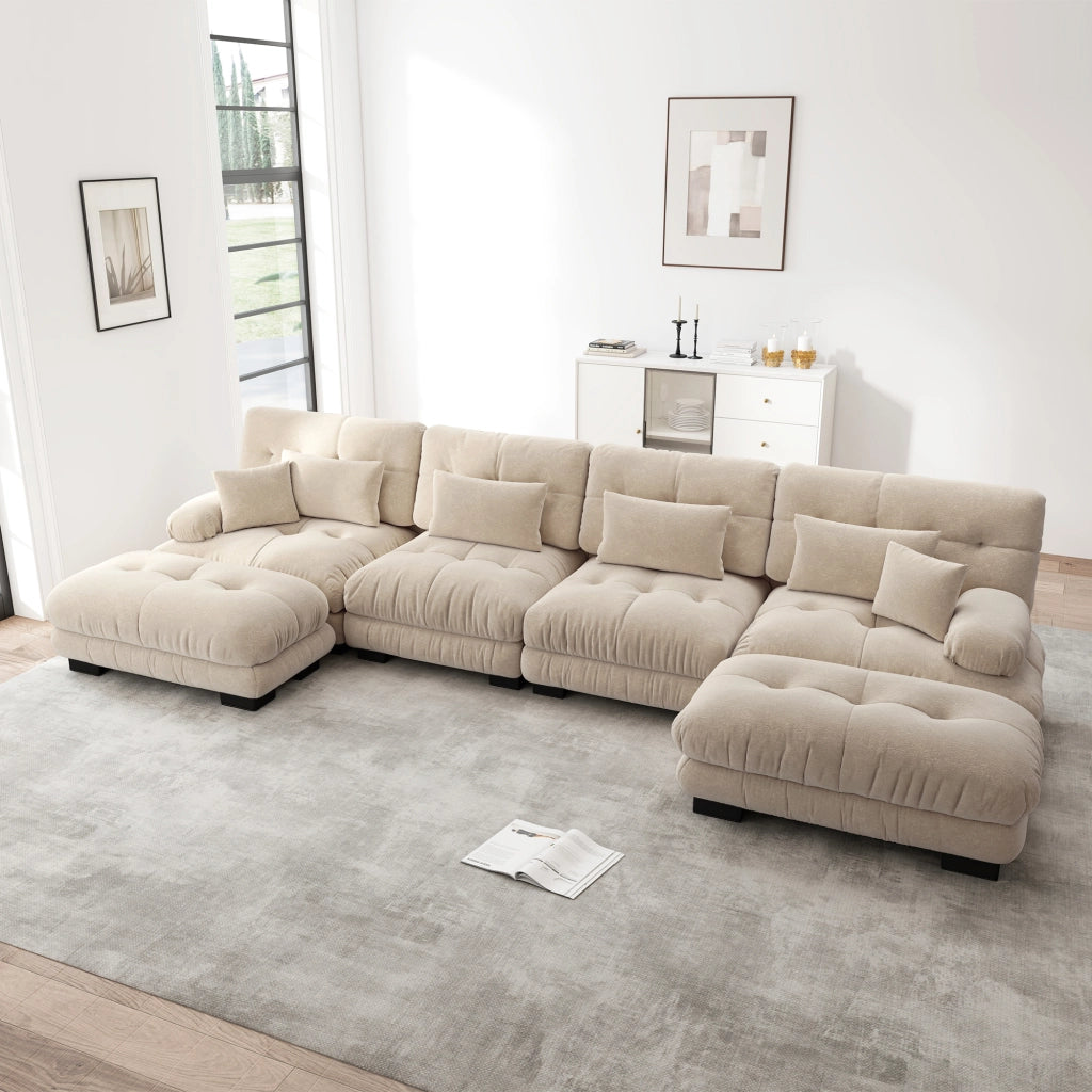 Divano modulare 406x145 cm in ciniglia color caffè chiaro con ottomane mobili; configurazione a U o angolare