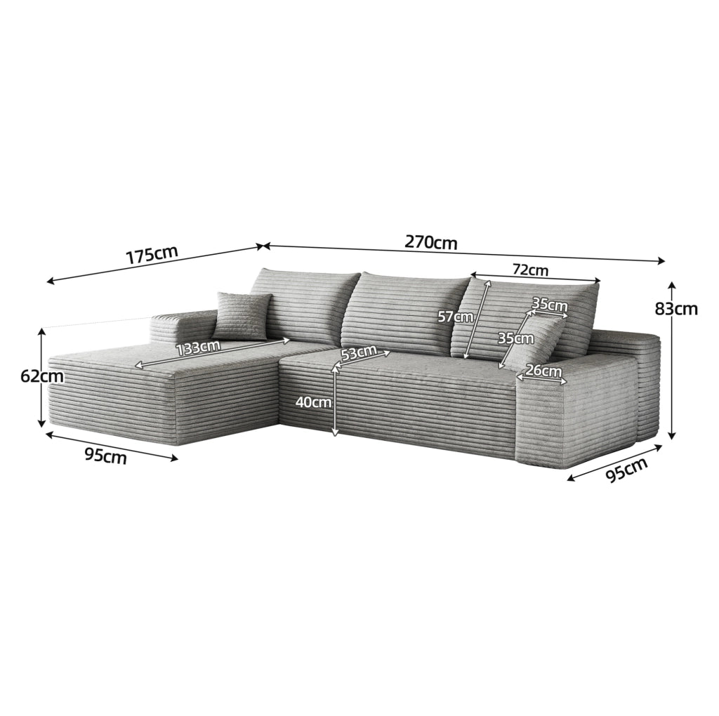 Divano modulare angolare 270 cm con chaise longue a L, tessuto in velluto a coste grigio, senza montaggio richiesto
