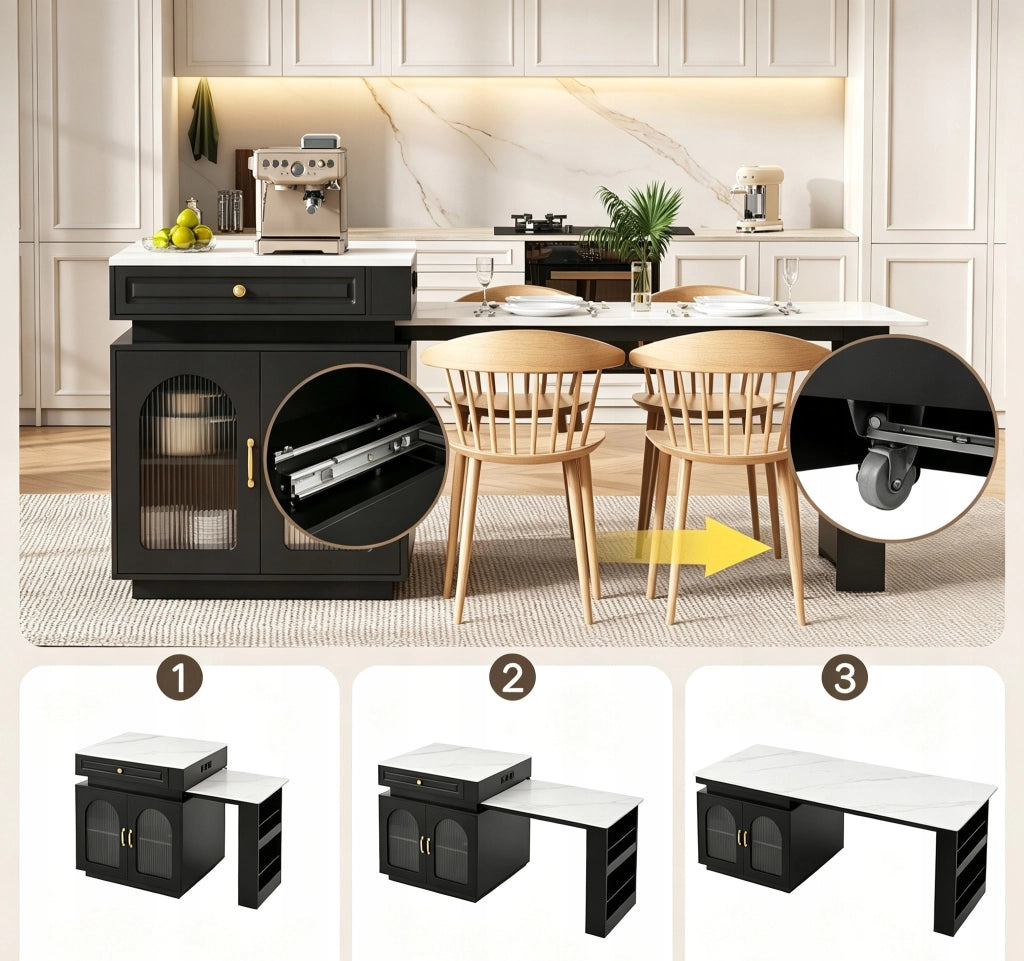 Isola Cucina Mobile con Ruote 128-200x71x92 cm; Tavolo Estensibile con LED; Prese Elettriche; Vetrine e Cassetto; Nero