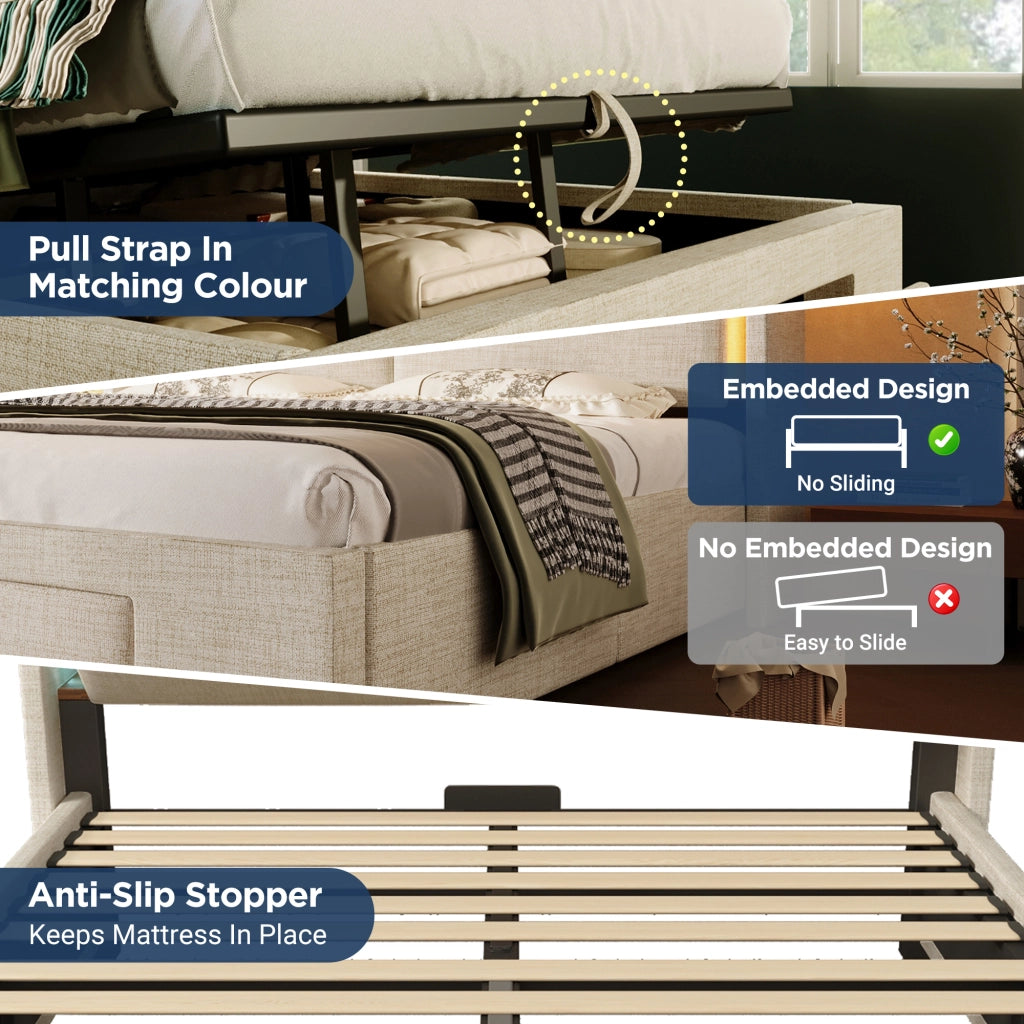 Letto contenitore 180 × 200 cm con testiera portaoggetti LED USB e USB-C in lino beige