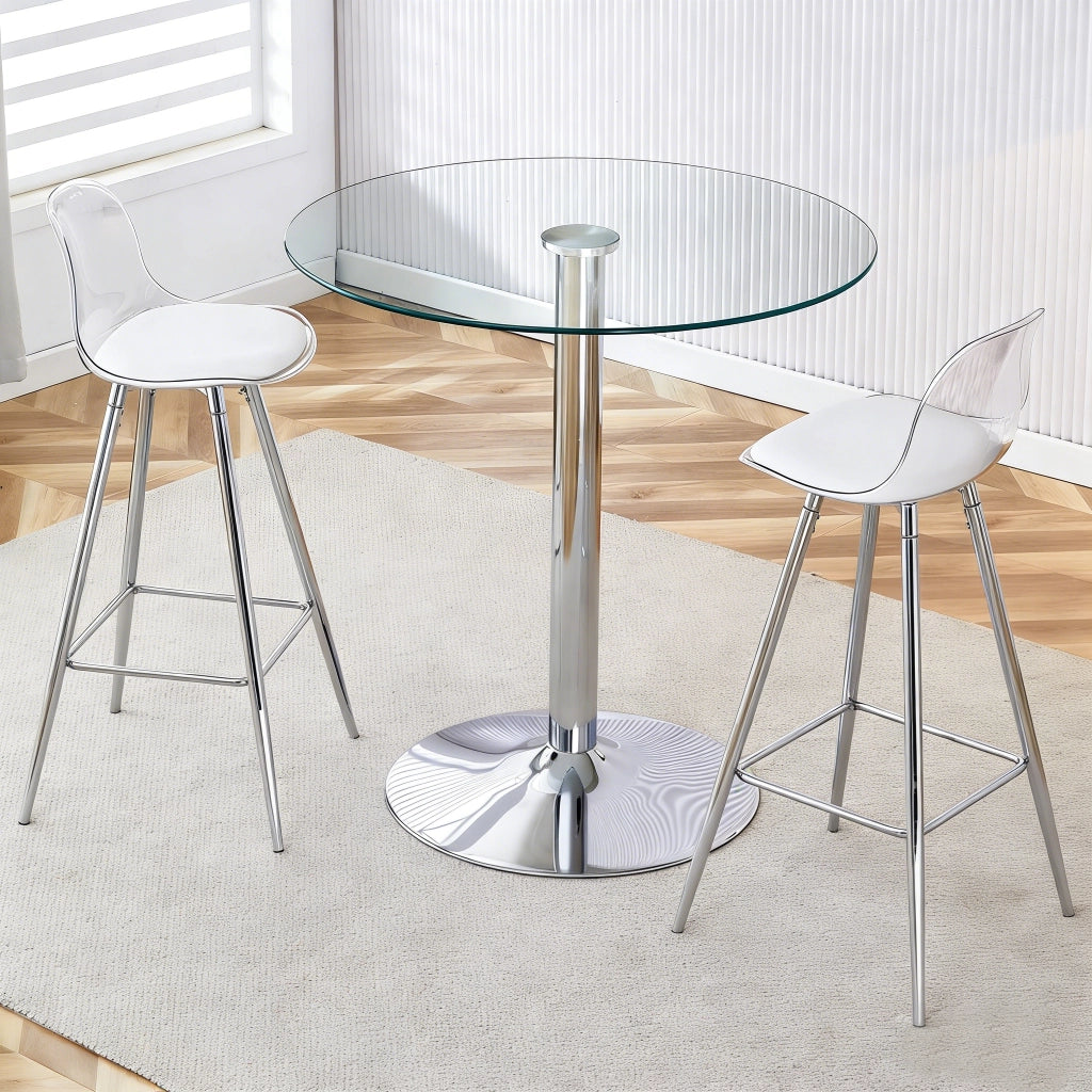 Set Bar Flessibile: Tavolo Rotondo in Vetro Trasparente Ø 89 cm + 2 Sgabelli da Bar con Gambe Argentate, Salvaspazio e Versatile