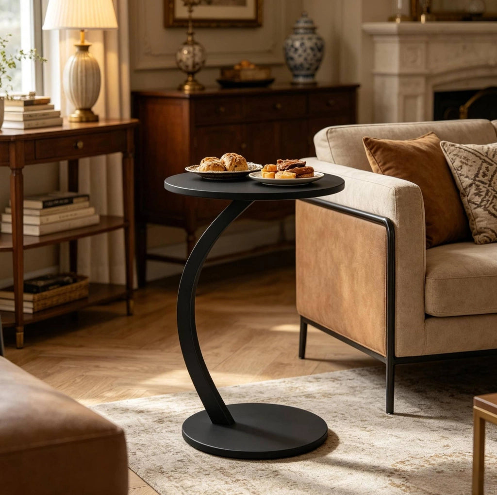 Tavolino laterale a C rotondo nero con piano MDF, struttura in metallo, 40 x 64,5 cm