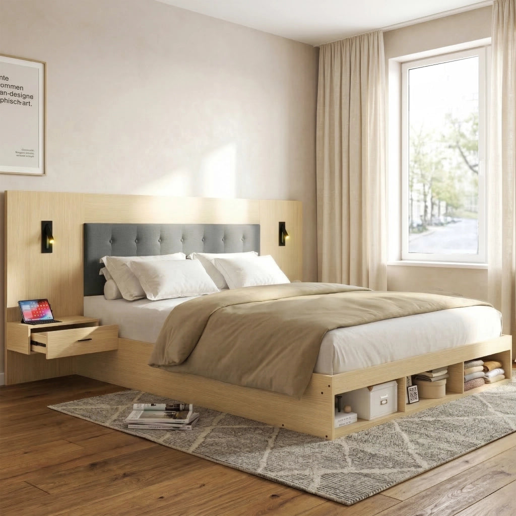 Letto matrimoniale 180x200 cm effetto rovere chiaro con 2 comodini; lampade e USB-C