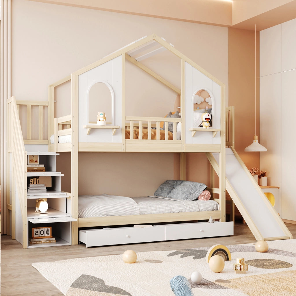 Letto a castello per bambini 90 × 200 cm 2 posti; con scivolo; scala contenitore e cassetti; senza materasso