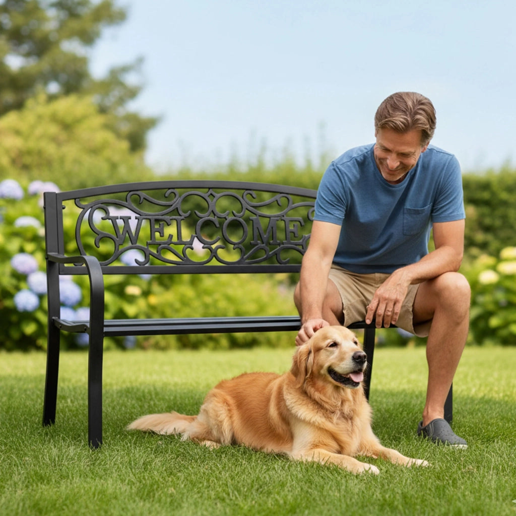 Panchina da giardino nera IRYS con gambe in acciaio e schienale in ghisa larghezza 127 cm