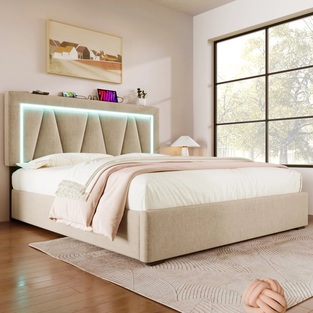 Letto Contenitore Matrimoniale 140 x 200 cm; USB e Tipo C; LED; Testiera Regolabile in Lino Beige