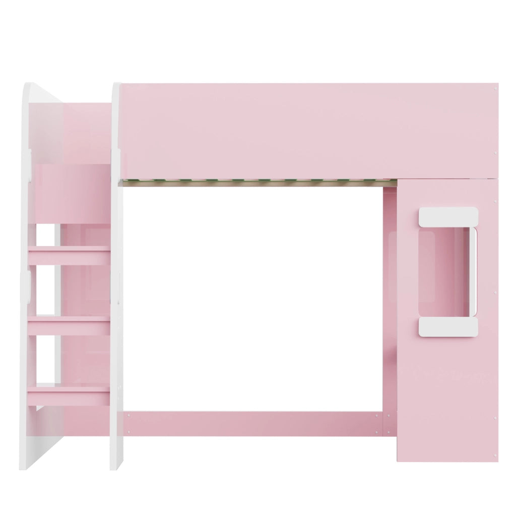 Letto a soppalco multifunzione 90x200 cm con LED e scrivania; MDF; rosa