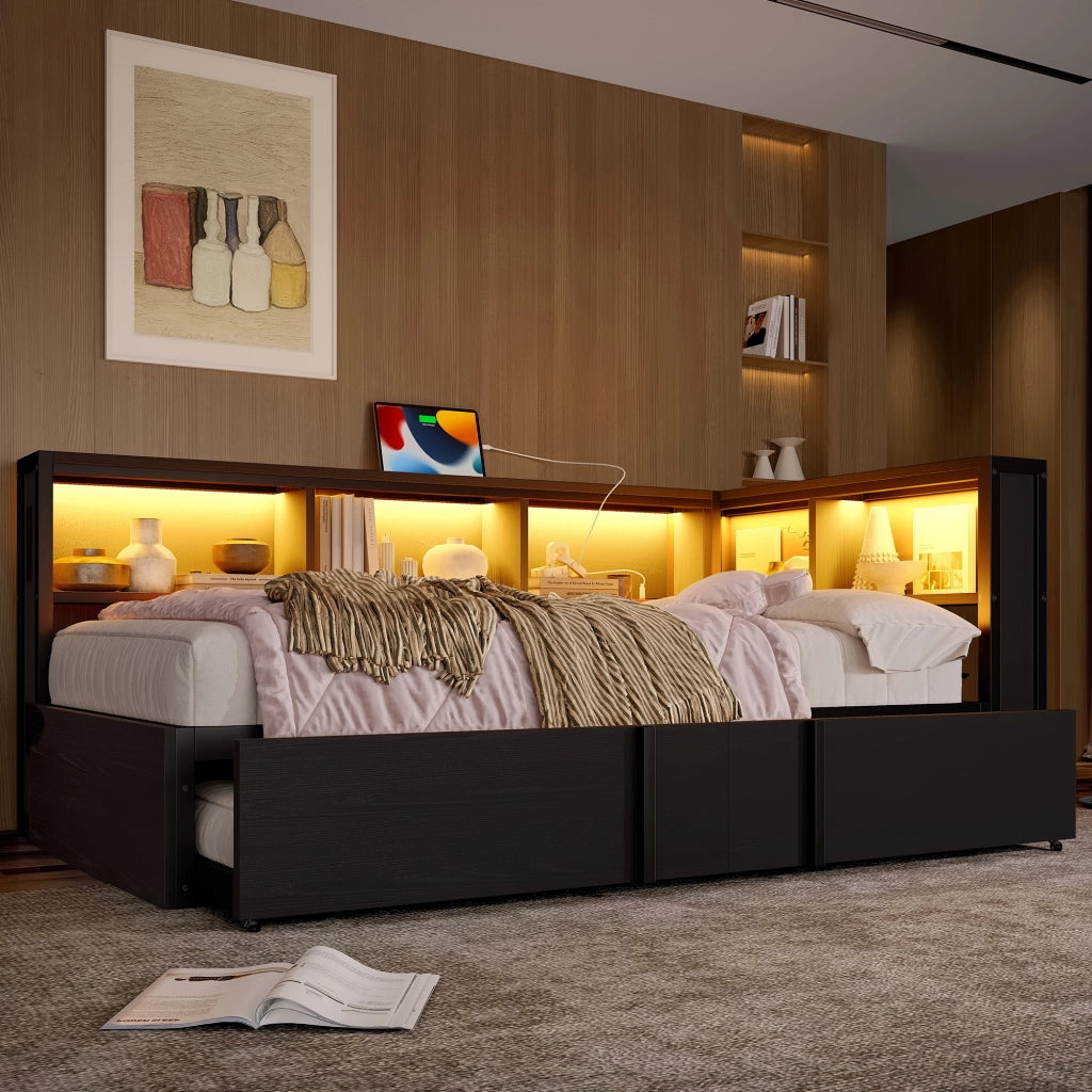 Letto divano singolo 90 × 200 cm con letto estraibile, 5 armadietti, LED regolabile e USB, senza materasso, nero