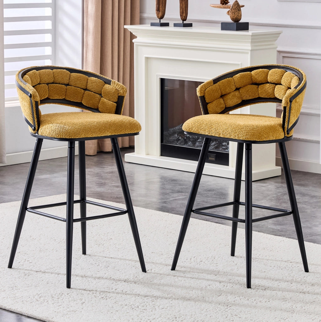 Set di 2 sgabelli da bar gialli in velluto con gambe in ferro nero, design moderno per cucina e bar