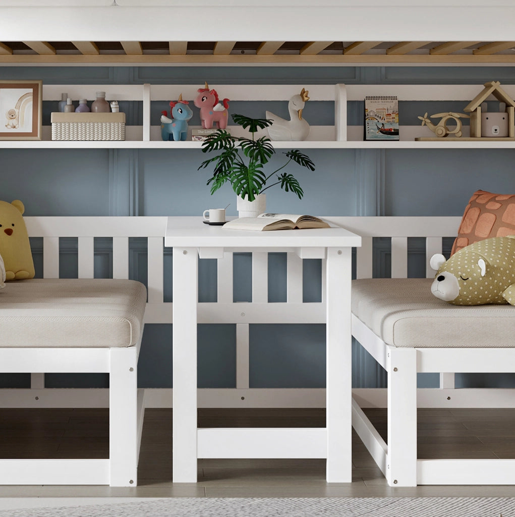 Letto a castello con scrivania regolabile in altezza, scala portaoggetti stabile, legno di pino e MDF, 90x200 cm bianco e naturale