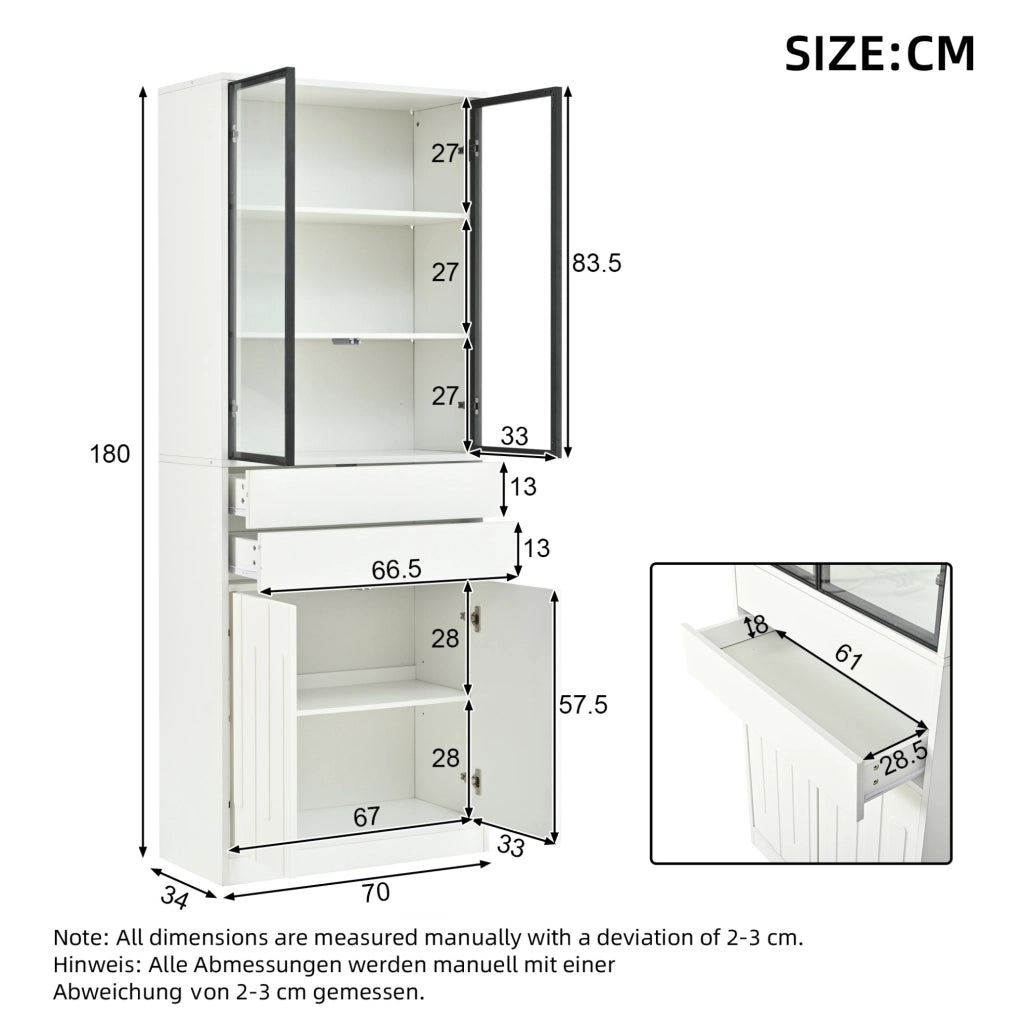 Vetrina alta 70×34×180 cm bianca con LED, 2 cassetti e ante in vetro temperato per soggiorno e cucina