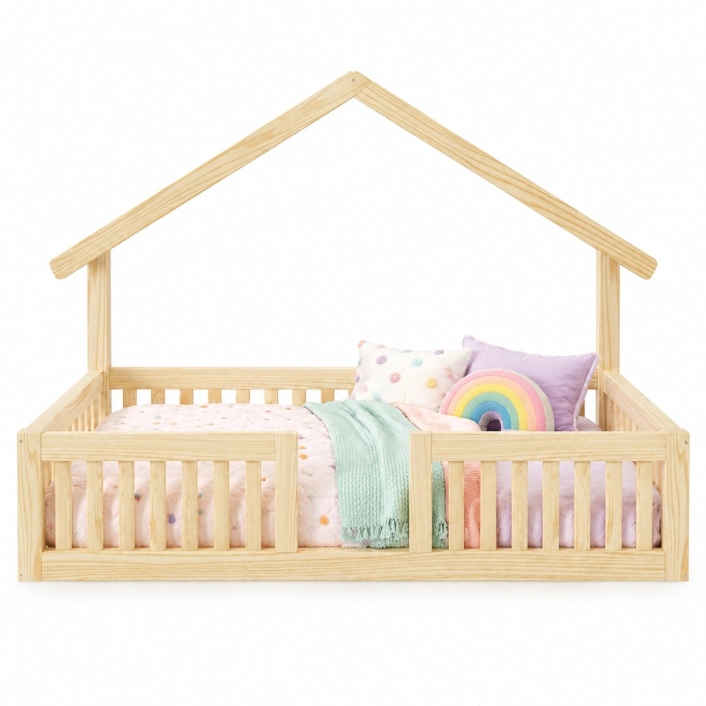 Letto casetta per bambini 90 × 200 cm con barriera di sicurezza e luci LED, senza materasso, legno naturale