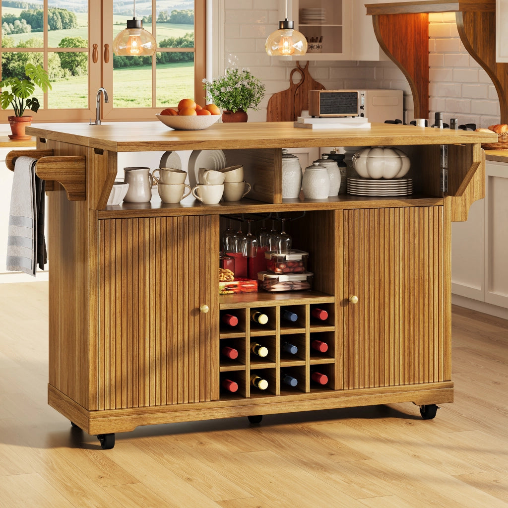 Carrello da cucina mobile con ripiani regolabili, portabottiglie estraibile e piani ribaltabili, in MDF marrone scuro