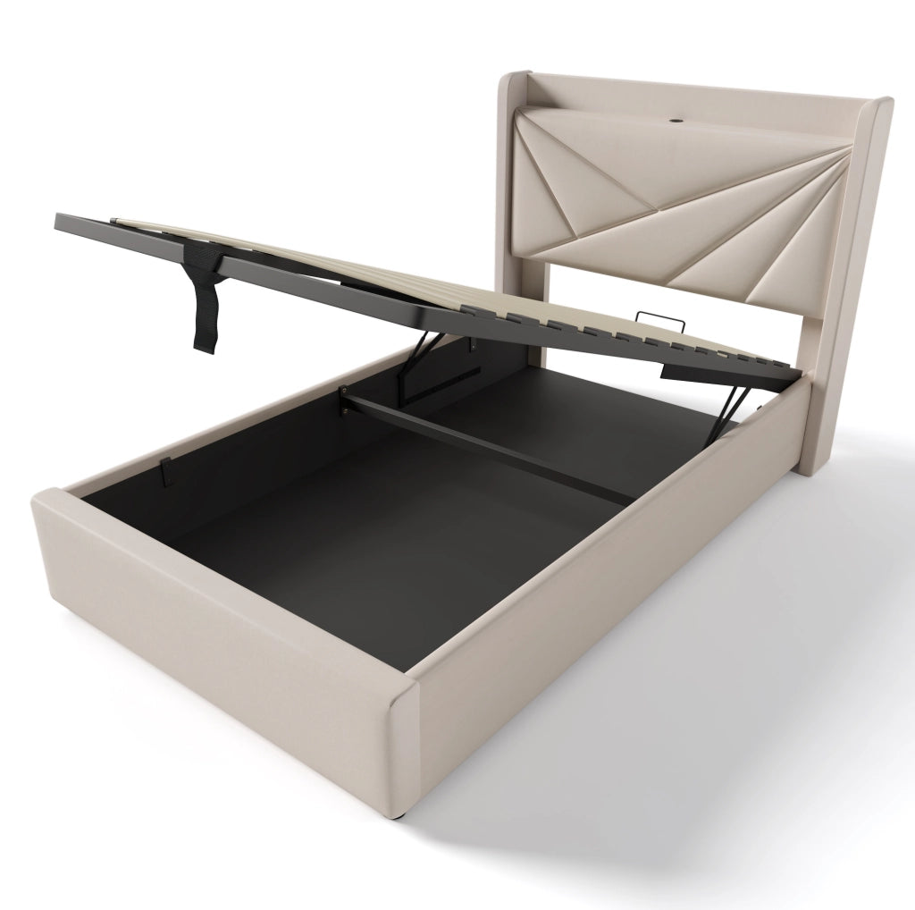Letto singolo con contenitore 90x200 cm; testiera con USB e Type-C; beige