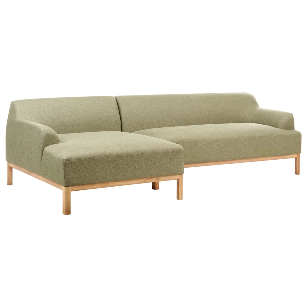 Divano angolare a destra Tessuto poliestere verde Gambe di legno Soggiorno elegante