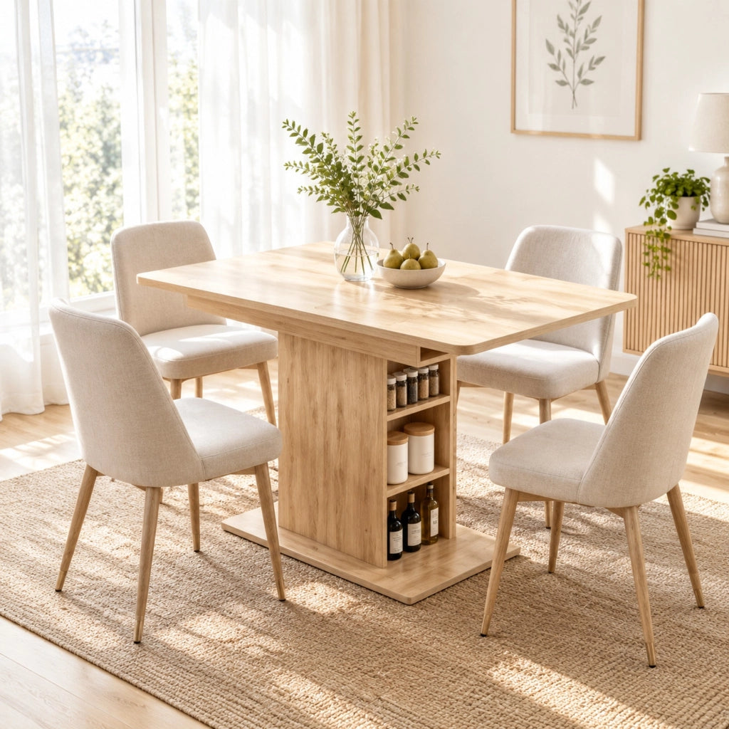 Tavolo da pranzo allungabile per 4-6 persone con 6 ripiani e vano interno per cucina, in MDF effetto legno naturale