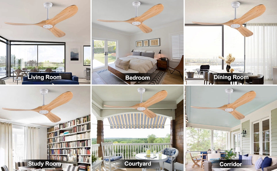 Ventilatore a soffitto 52" con 3 pale in legno naturale, motore DC silenzioso, telecomando, design propulsore, per interni ed esterni