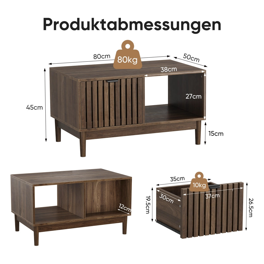 Tavolino basso con vani aperti e nicchia, gambe in legno massello, stile moderno mid-century, in MDF, noce