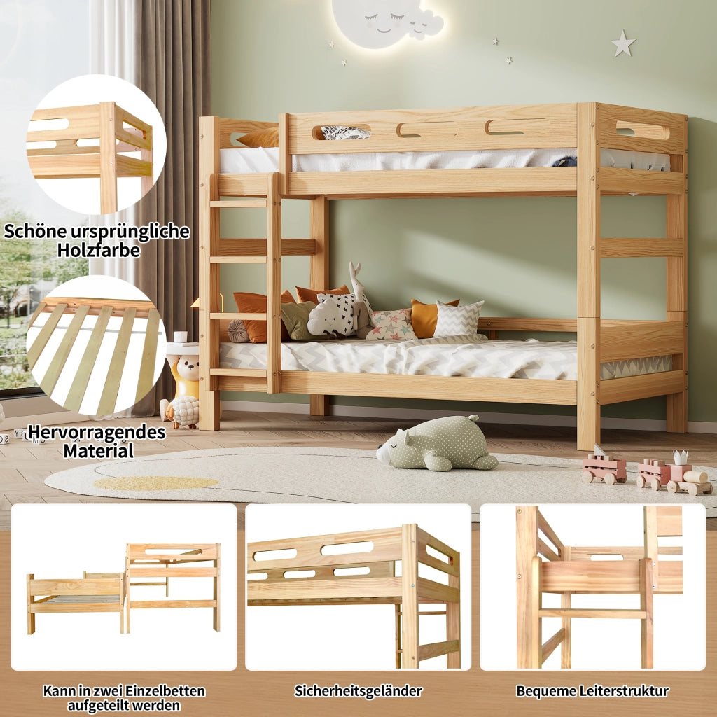 Letto a castello 2 posti per bambini 90×200 cm, divisibile in due singoli, senza materasso, pino naturale