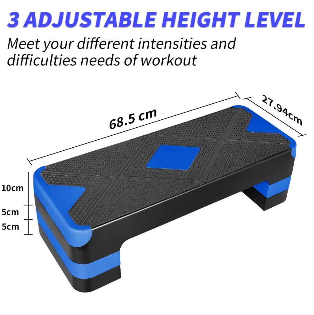 Step aerobico regolabile 68,5x28x10 cm in ABS blu, 3 altezze per casa
