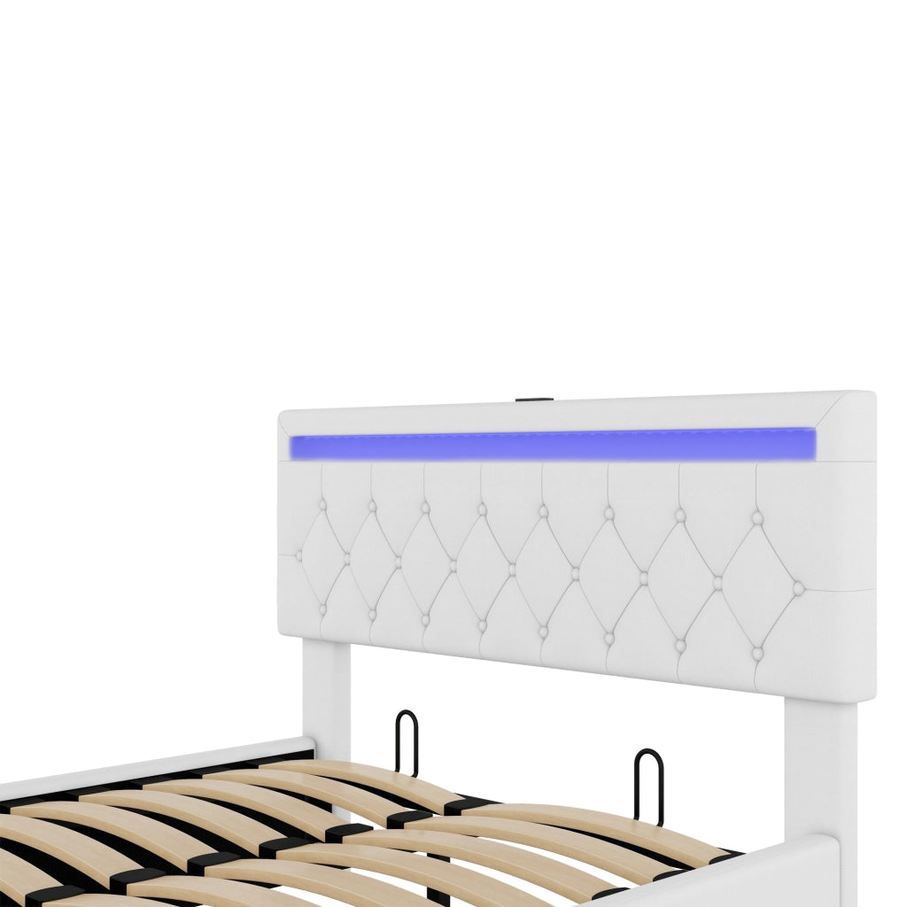 Letto per adulti imbottito 140x200 cm con vano contenitore idraulico; LED; USB e Type-C; lino bianco