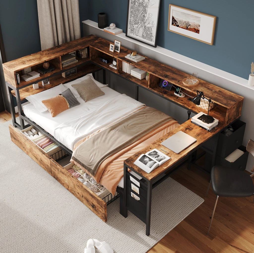 Letto singolo 120x200 cm in metallo e legno con 2 cassetti e porta di ricarica HOMVRA