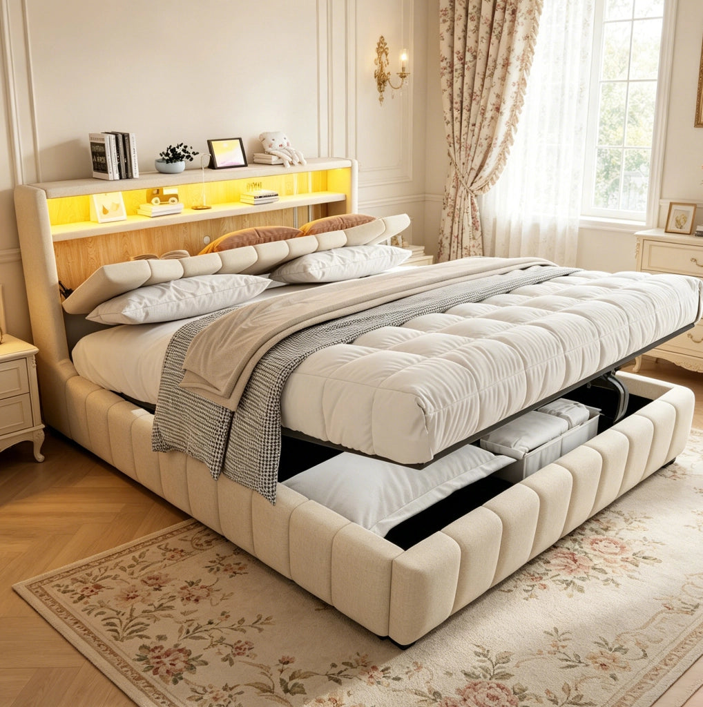 Letto contenitore ULEVR 180x200 cm con sistema idraulico, LED, USB e USB-C, rivestimento in tessuto beige