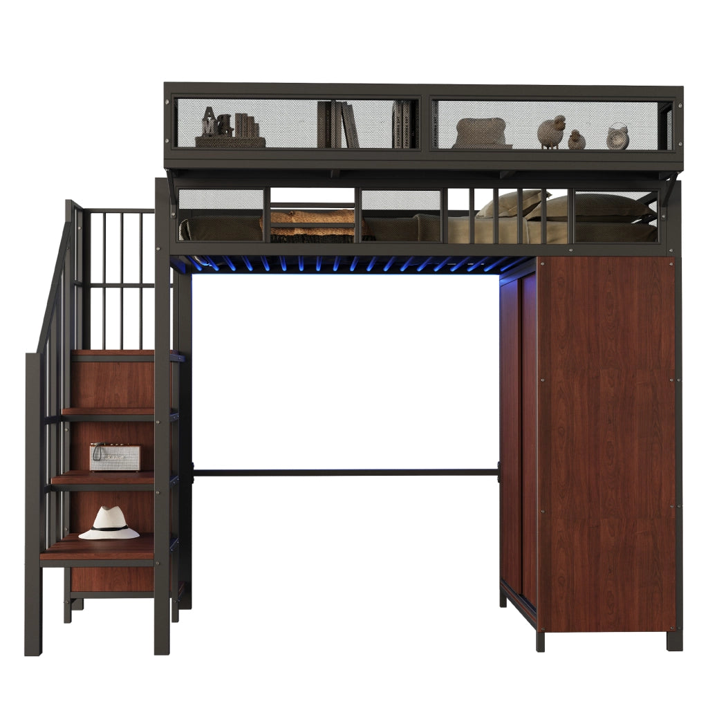 Letto a soppalco 90x200 cm in metallo e legno nero con armadio integrato