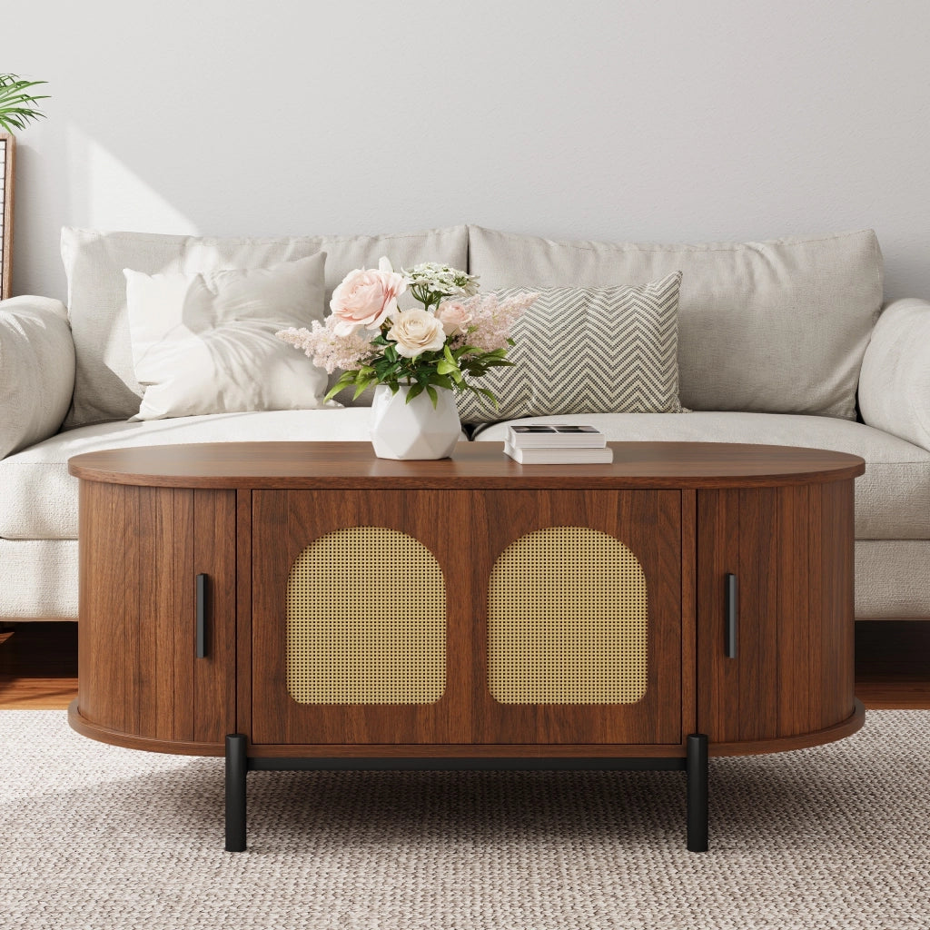 Tavolino basso fisso ovale con ante scorrevoli e anta in rattan MDF color noce con gambe in metallo 100 × 50 × 40 cm