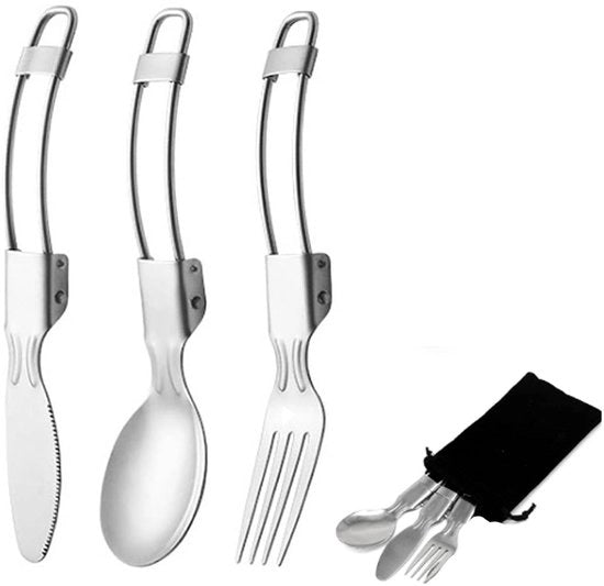 Utensiletti da Campeggio 3-in-1 Opportuno - Cucchiaio, Forchetta e Coperchio Inclinabile in Acciaio Inossidabile - Utensile da Campeggio Portatile