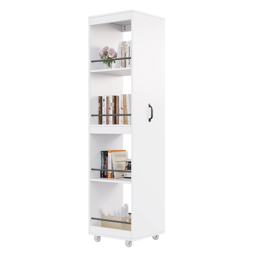 Libreria stretta su ruote 40x30x160;5 cm con barre di protezione in MDF bianca