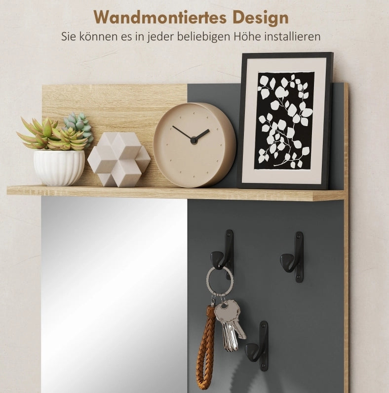 Set Appendiabiti con Specchio, Panca Porta Scarpe e Ripiano Aperto in MDF Naturale e Grigio per Ingresso