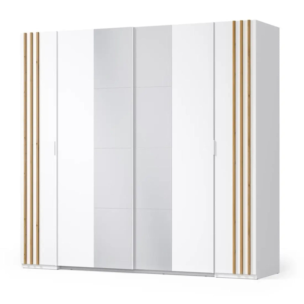 Armadio FLORENCE – Bianco e quercia – 2 porte scorrevoli + 2 a battente – L218 cm – 10 ripiani