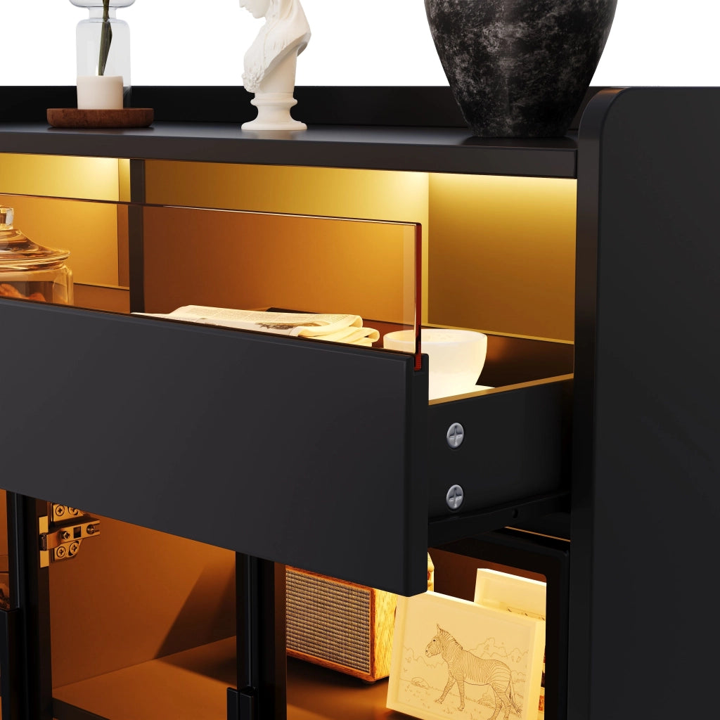 Vetrina - Credenza - Cantinetta - Ante in vetro - Illuminazione a LED - 2 cassetti - Nero