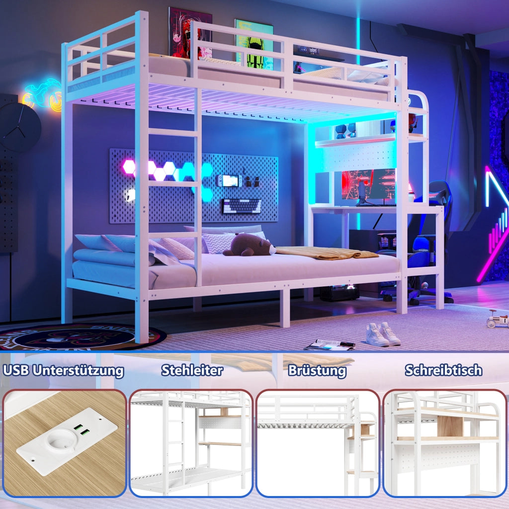 Letto a castello 90 × 200 cm con scrivania LED USB in metallo e MDF bianco con ripiani e scala