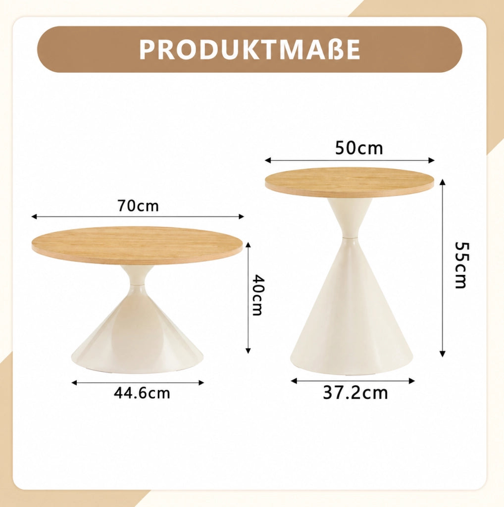 Set di 2 Tavolini rotondi da salotto, Ø70 x H40 cm e Ø50 x H50 cm, piano in effetto legno crema con struttura in acciaio crema
