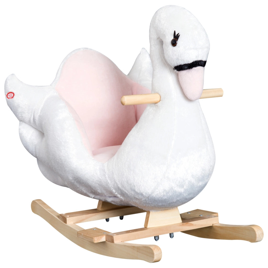 Animale a Dondolo per Bambini a Forma di Cigno 55 cm Peluche e Legno con Cintura di Sicurezza e Musica per Casa