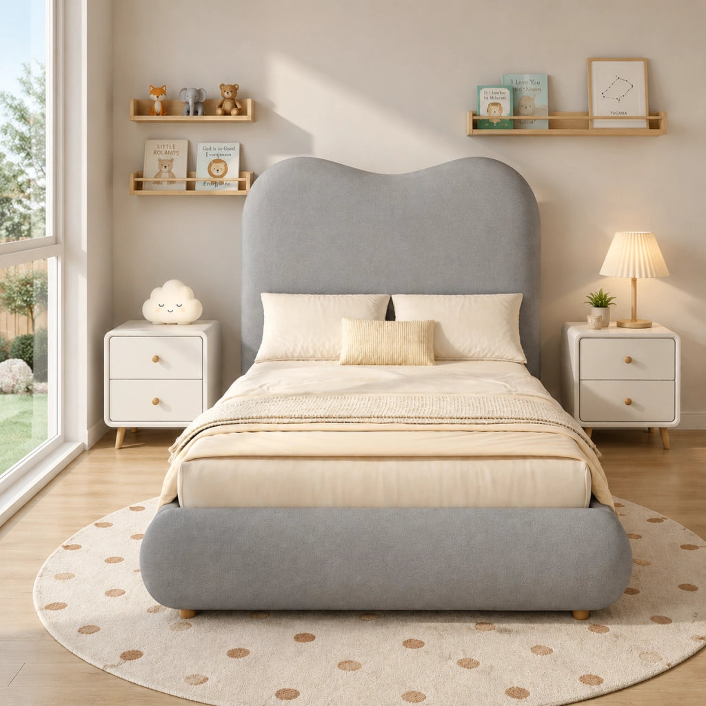 DESMIU Letto Bambino 90 × 200 cm con contenitore idraulico, testiera imbottita e senza materasso, in lino, grigio