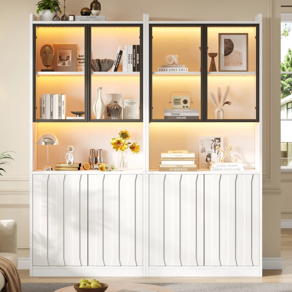 Vetrina con LED Bluetooth a 2 elementi; 8 ante di cui 4 in vetro temprato; bianca; 160 × 35 × 200 cm