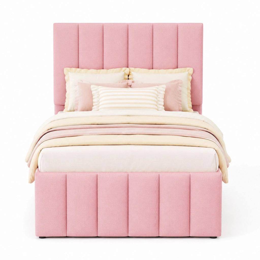 Letto con letto estraibile 90 × 200 cm con letto supplementare 90 × 190 cm e 3 cassetti rivestito in lino rosa