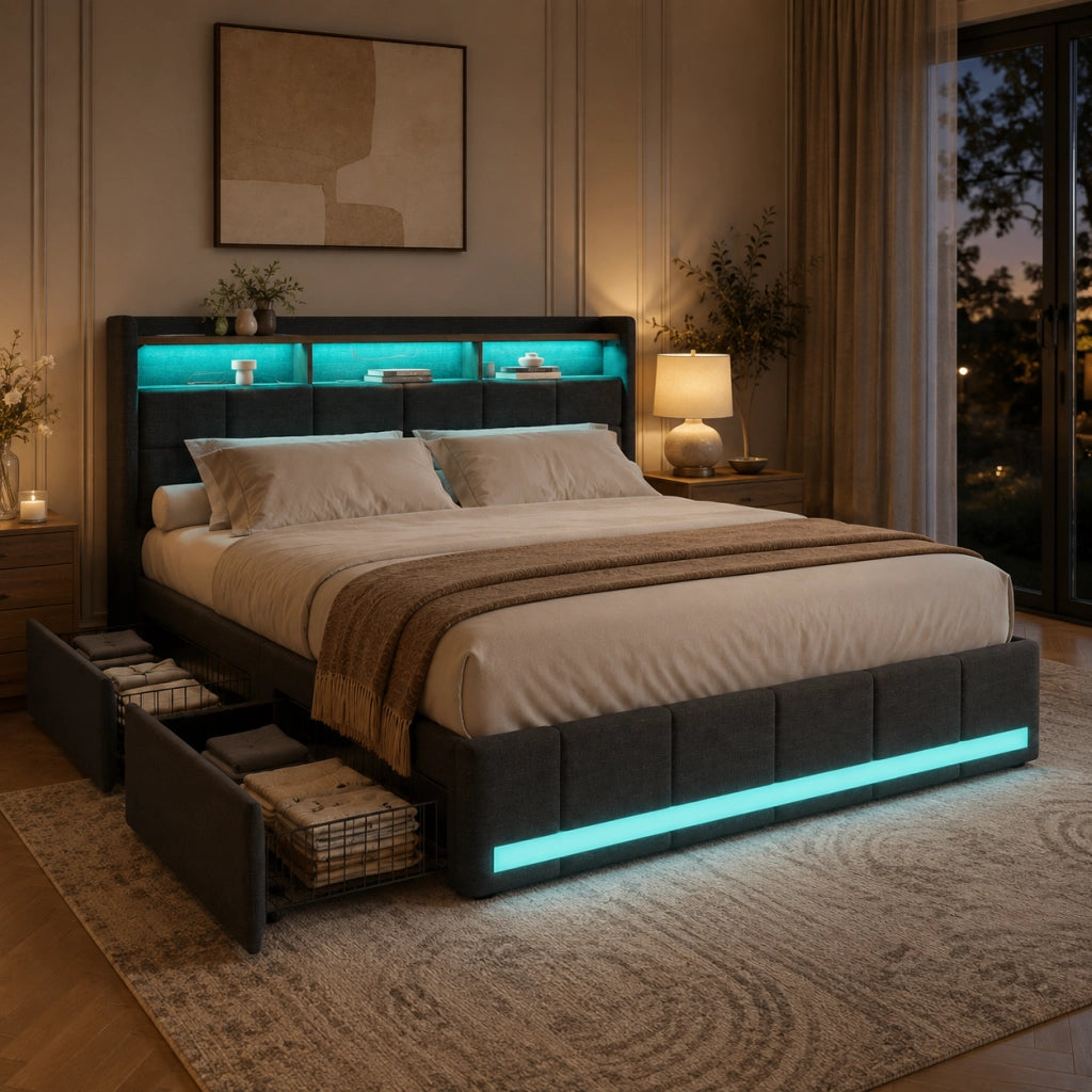 Letto matrimoniale 140x190 cm tessuto grigio, testiera contenitore con ricarica USB e USB-C, LED RGB APP telecomando, 4 cassetti estraibili