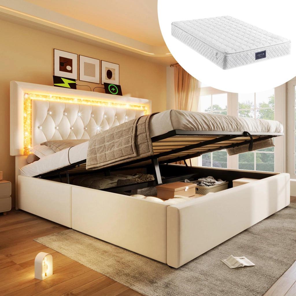 Letto matrimoniale 140×200 cm con contenitore idraulico; LED regolabile; USB e tipo C; materasso incluso; beige