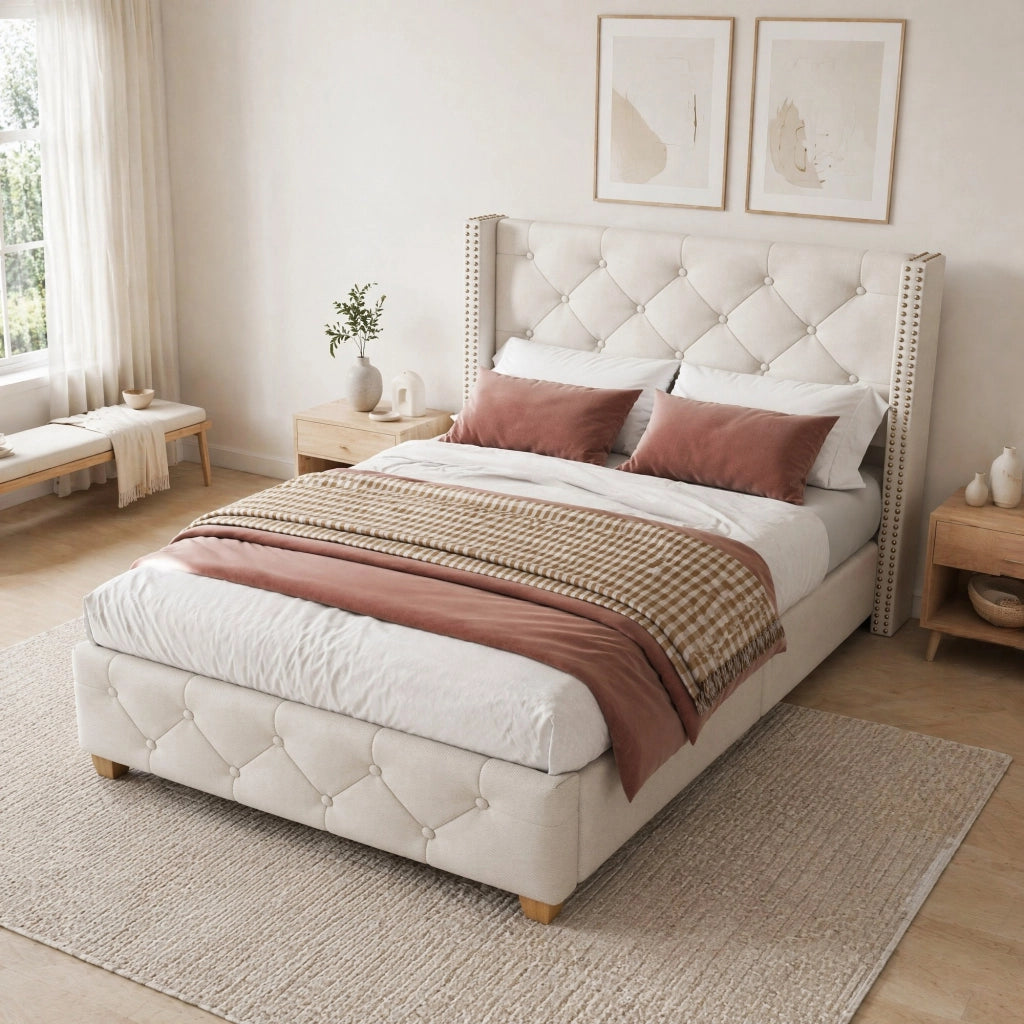 Letto imbottito 90x200 cm con testiera, rete a doghe e finitura beige