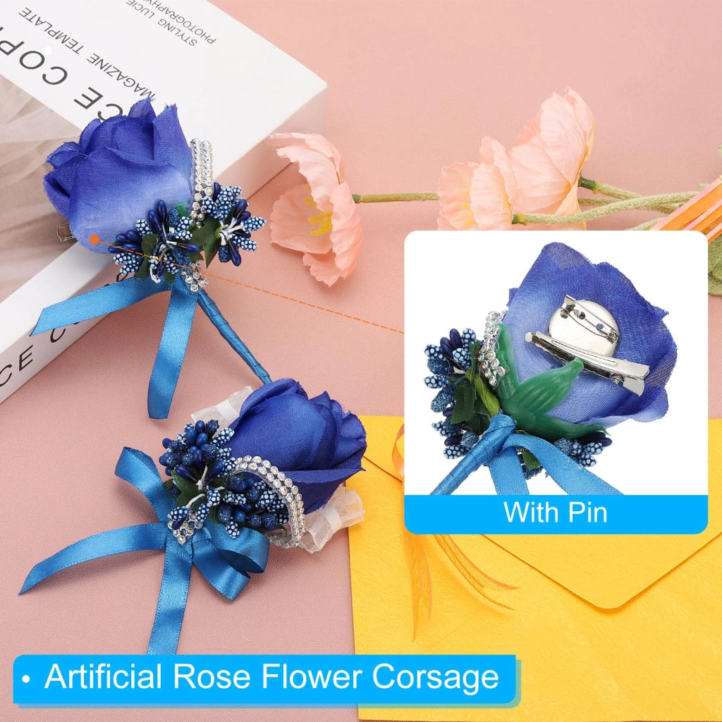 Spille da bavero a forma di rosa, artificiali, 6 pezzi, blu navy, realizzate a mano