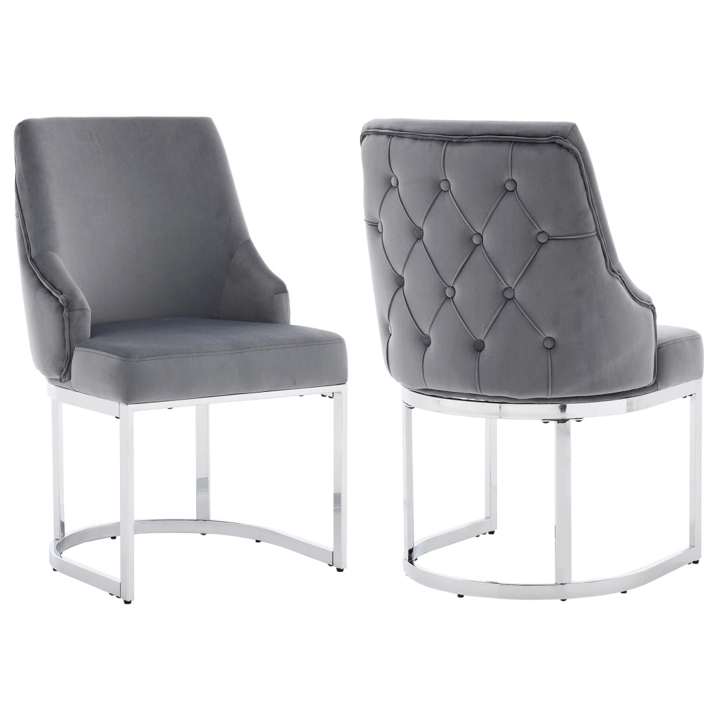 Sedie da sala da pranzo set di 2 con schienale trapuntato e gambe metalliche, in velluto grigio e argento