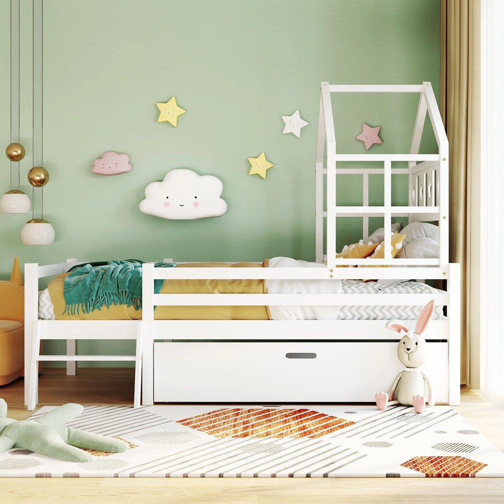 Letto a Soppalco Bambini in Legno Massello con Scala e Cassetti ¨C Xylo ¨C Bianco 90x200
