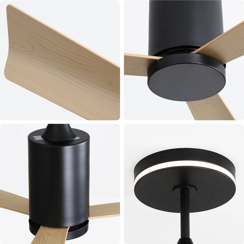 Ventilatore da soffitto 132 cm con luce e telecomando; motore DC reversibile; 6 velocità; 3 pale in ABS; nero