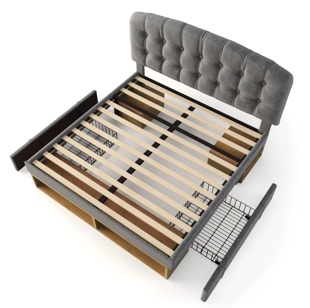 Letto matrimoniale imbottito 140x200 cm in velluto grigio con testiera regolabile, rete a doghe e cassetti contenitori