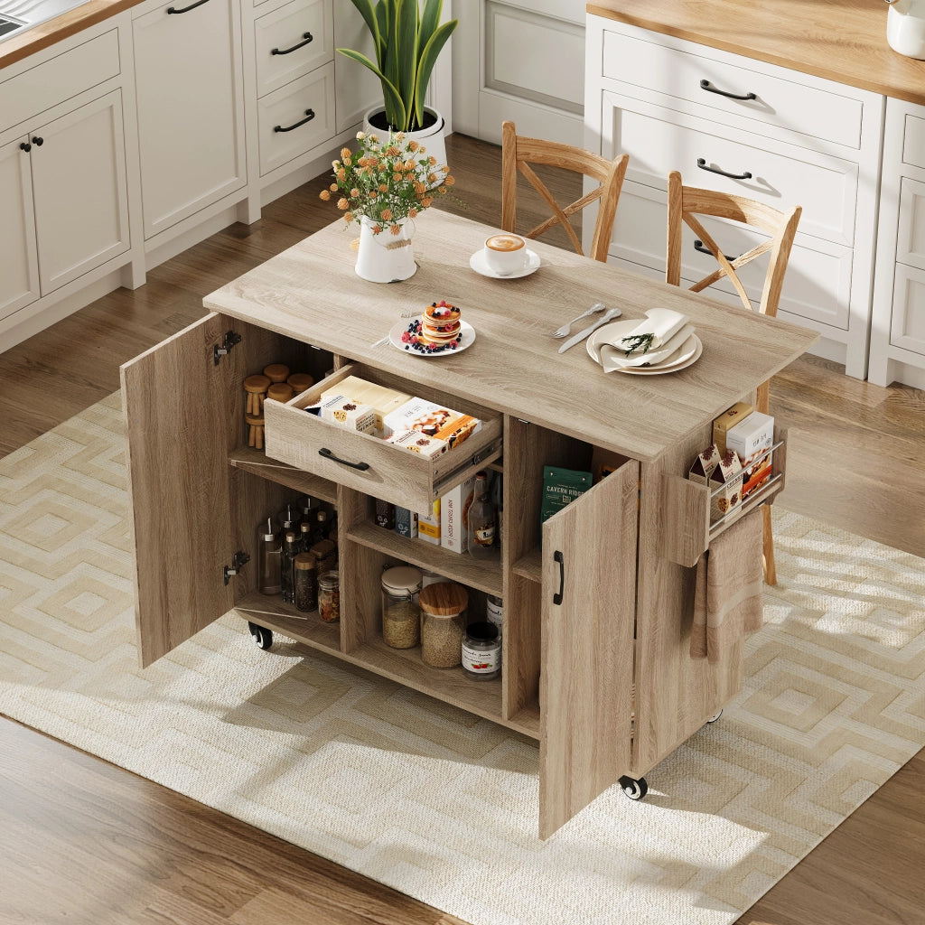 Carrello da cucina con piano pieghevole, 1 cassetto, 2 armadietti, ripiani regolabili e ruote con freno, MDF naturale