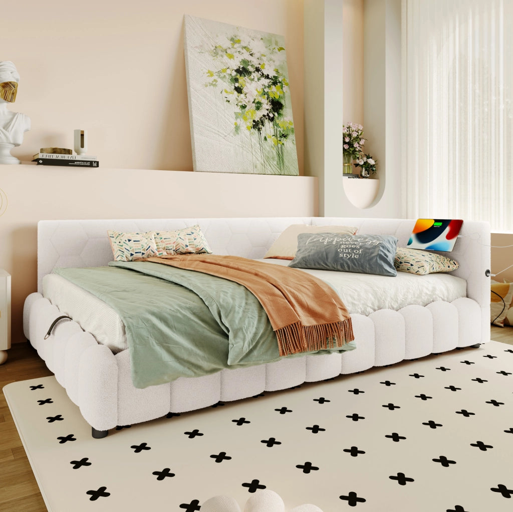 Daybed 140x200 cm con contenitore idraulico, LED, USB e Type-C, bianco